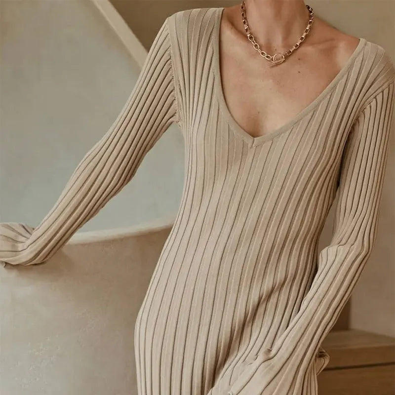 Fashion Knitted Dresses Women's Winter Elegant Pleated Dress Long Sleeve V Neck Lace-up Casual Slim White Black Street White New