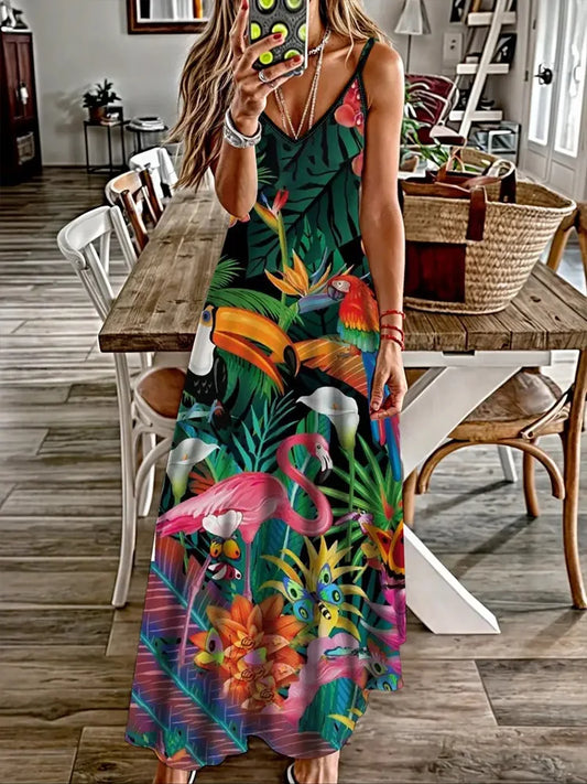 Summer New Animal Fresh Print Sexy And Fashionable V-neck Suspender Dress Outdoor Travel Seaside Vacation Casual Long Dress