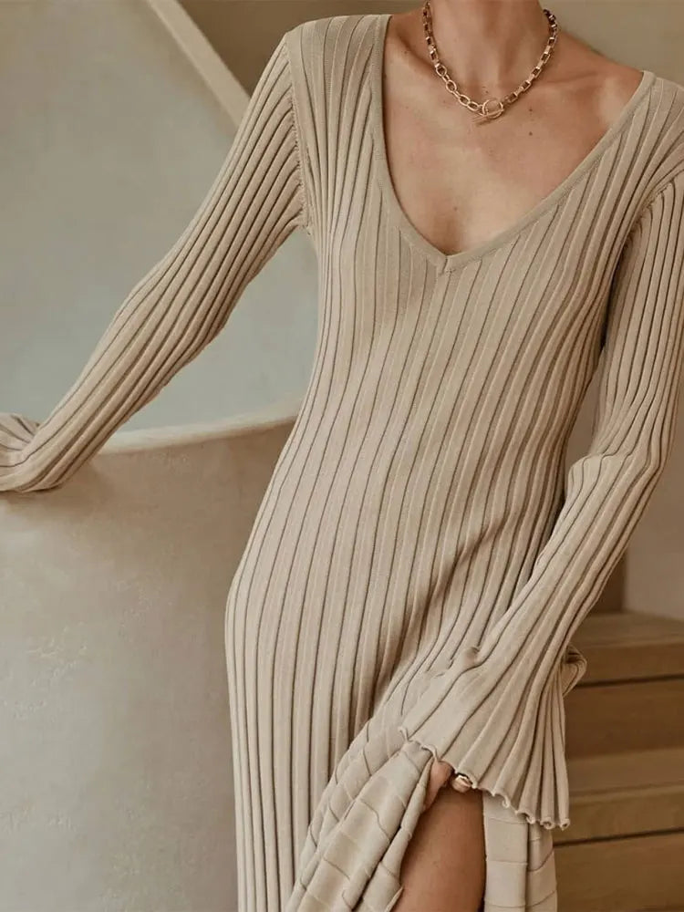 Fashion Knitted Dresses Women's Winter Elegant Pleated Dress Long Sleeve V Neck Lace-up Casual Slim White Black Street White New