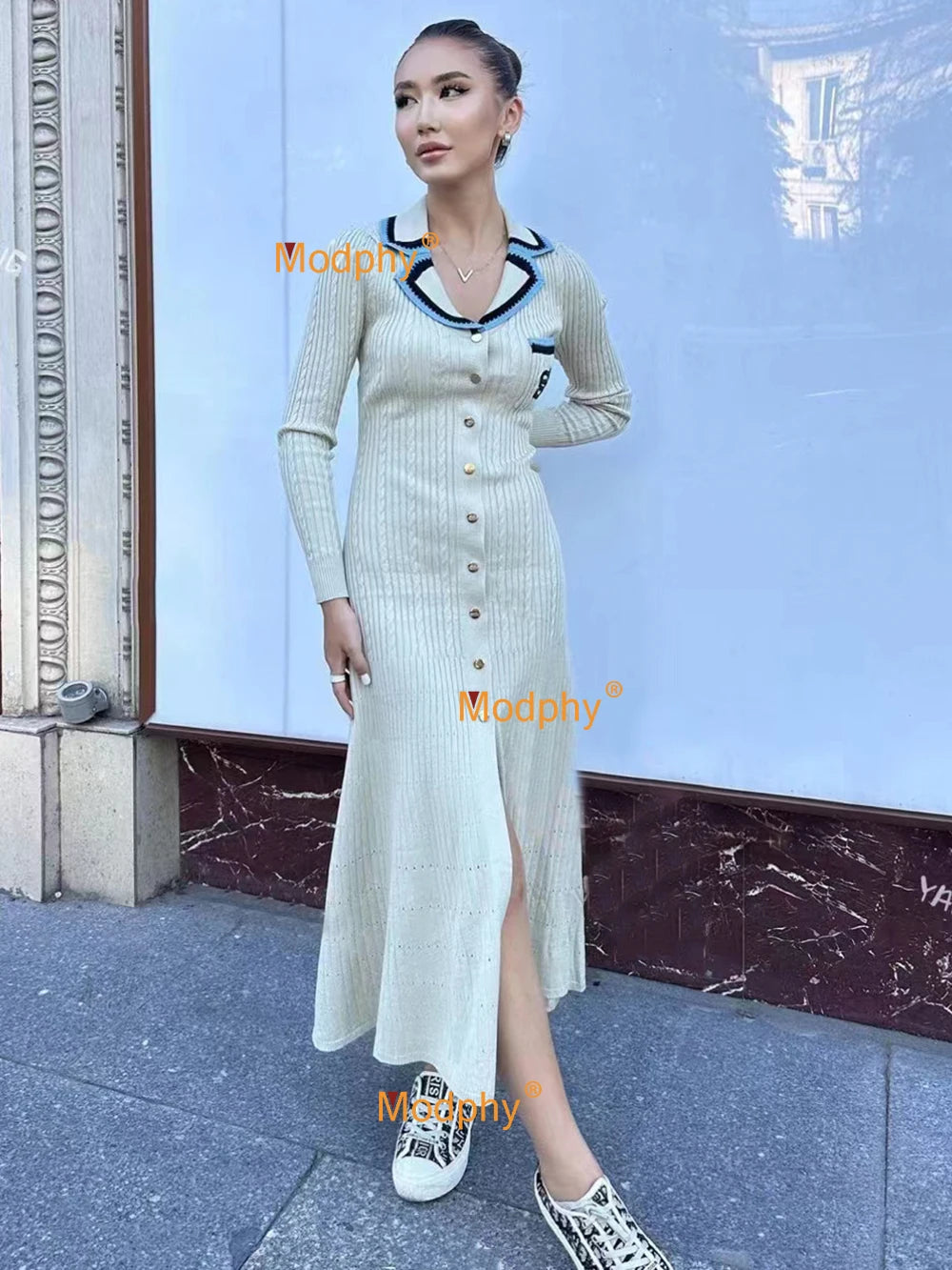 Modphy 2025 Elegant Slim Knitted Long Dress Women's Letter Single Breasted Long Sleeved Designer Vintage Dresses Autumn