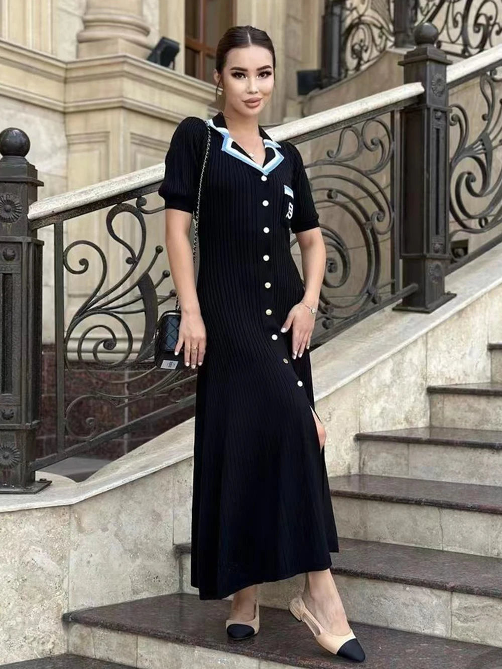 Modphy 2025 Elegant Slim Knitted Long Dress Women's Letter Single Breasted Long Sleeved Designer Vintage Dresses Autumn