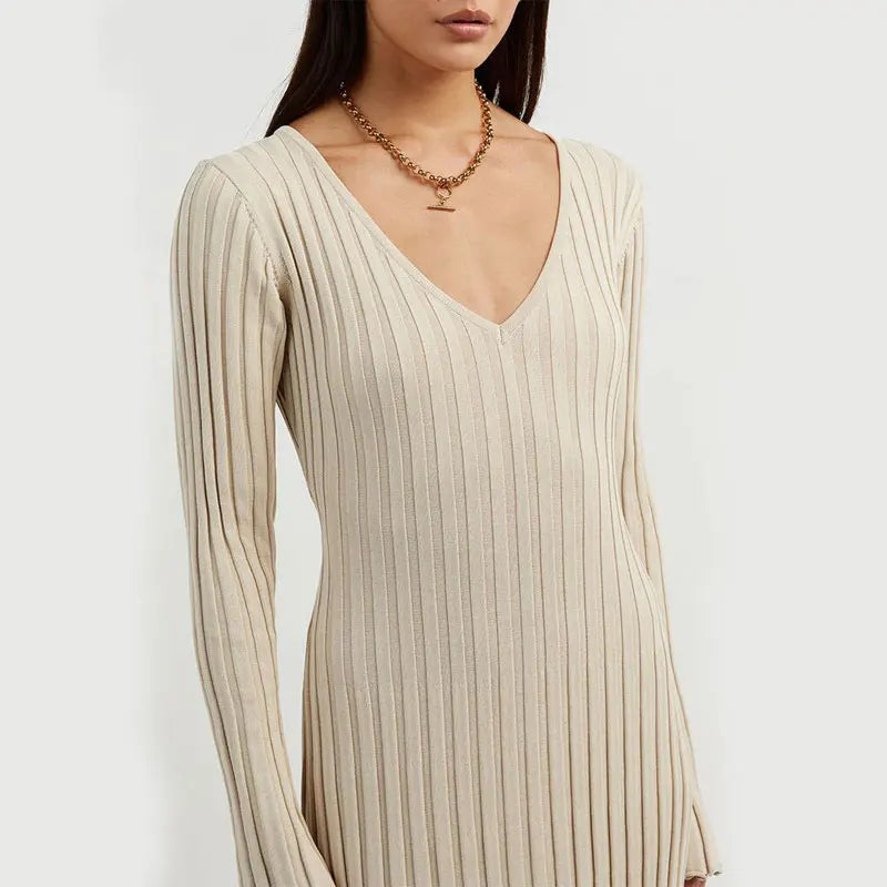 Fashion Knitted Dresses Women's Winter Elegant Pleated Dress Long Sleeve V Neck Lace-up Casual Slim White Black Street White New