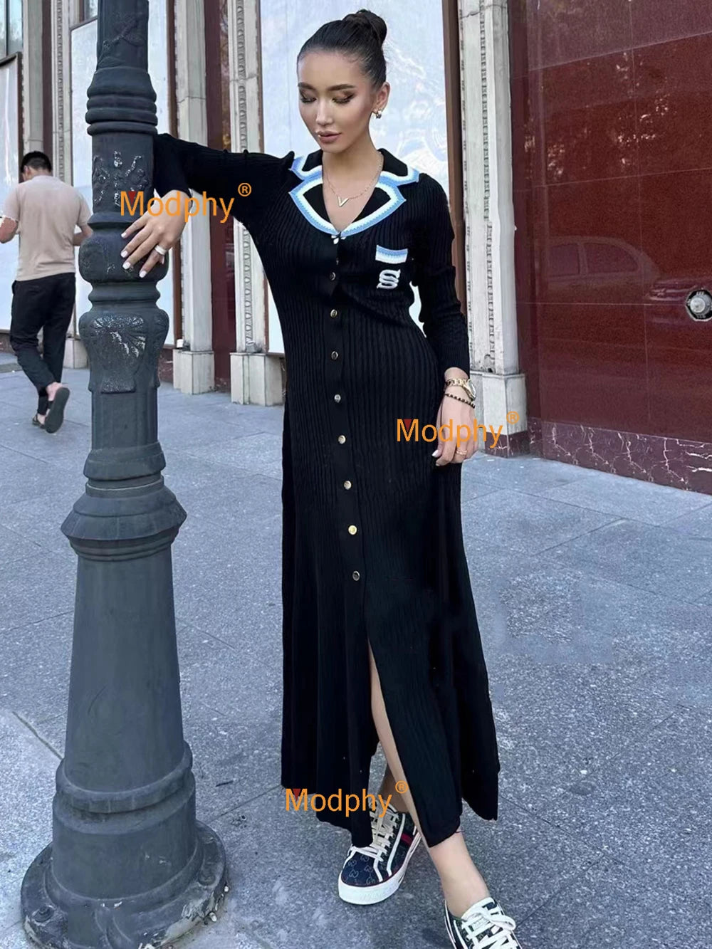 Modphy 2025 Elegant Slim Knitted Long Dress Women's Letter Single Breasted Long Sleeved Designer Vintage Dresses Autumn