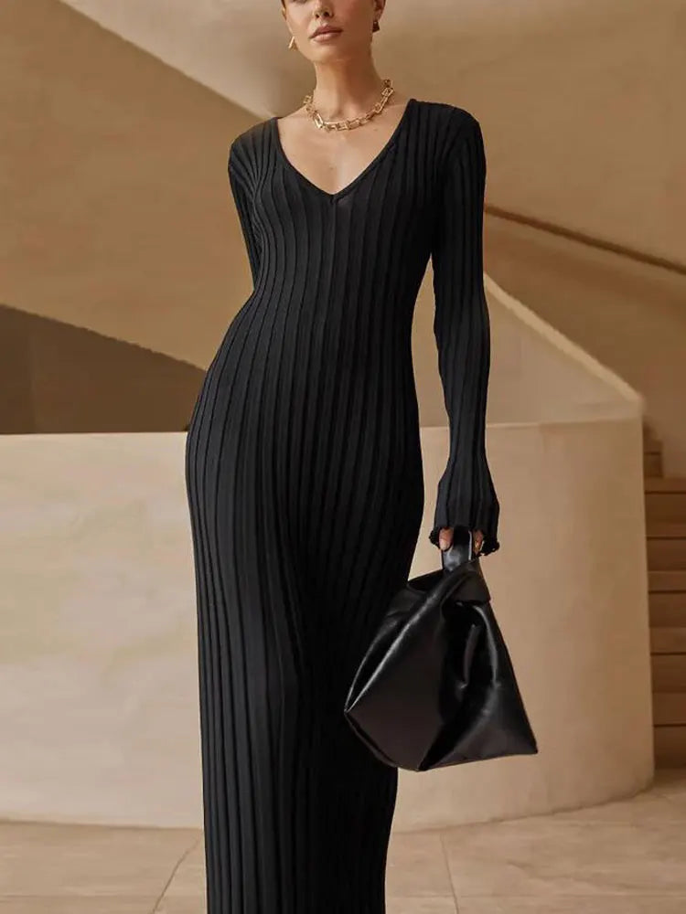 Fashion Knitted Dresses Women's Winter Elegant Pleated Dress Long Sleeve V Neck Lace-up Casual Slim White Black Street White New