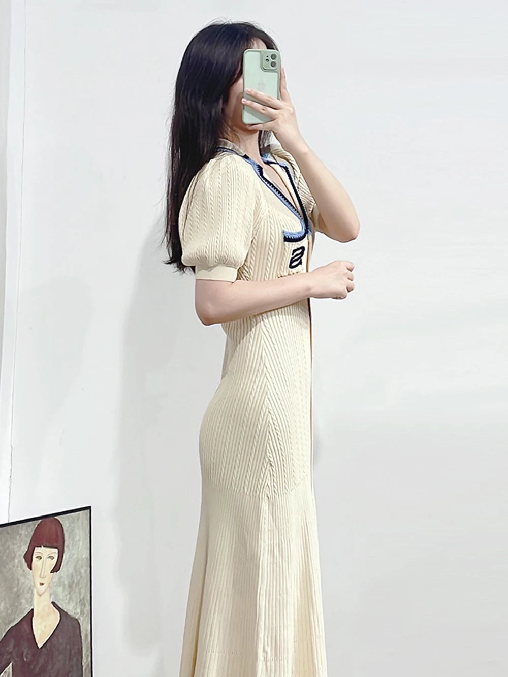 Modphy 2025 Elegant Slim Knitted Long Dress Women's Letter Single Breasted Long Sleeved Designer Vintage Dresses Autumn