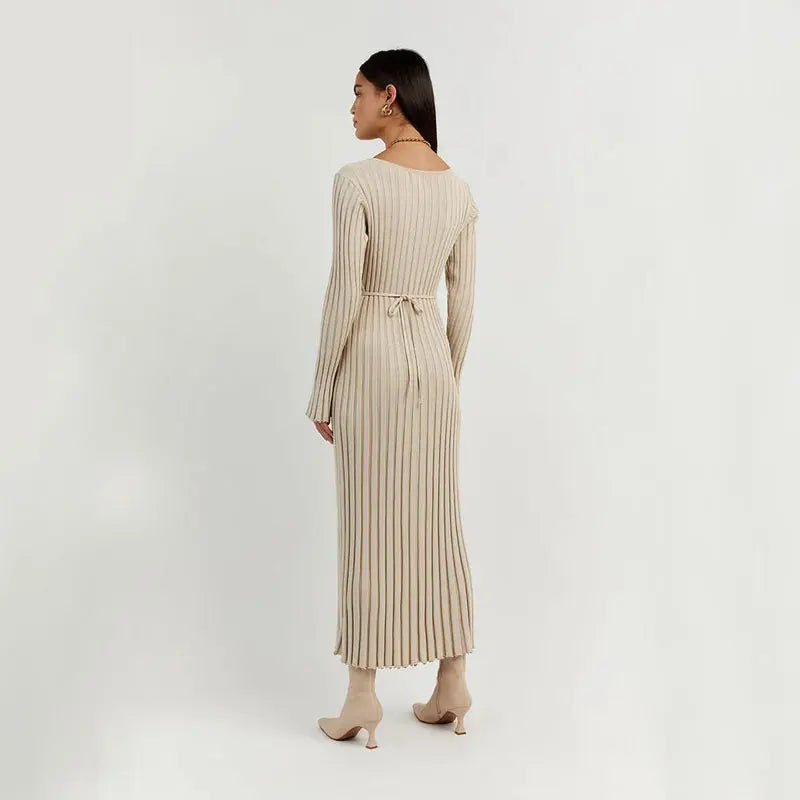 Fashion Knitted Dresses Women's Winter Elegant Pleated Dress Long Sleeve V Neck Lace-up Casual Slim White Black Street White New