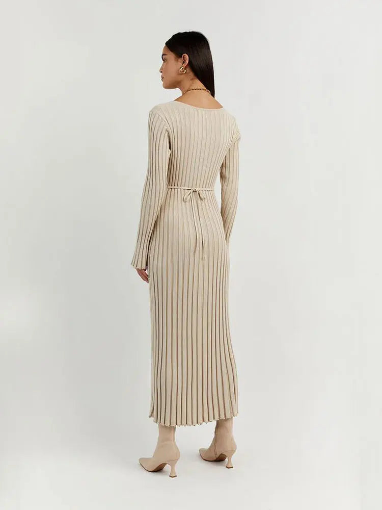 Fashion Knitted Dresses Women's Winter Elegant Pleated Dress Long Sleeve V Neck Lace-up Casual Slim White Black Street White New