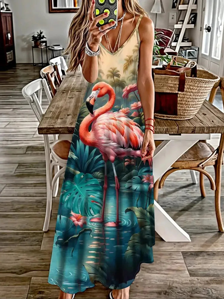 Summer New Animal Fresh Print Sexy And Fashionable V-neck Suspender Dress Outdoor Travel Seaside Vacation Casual Long Dress