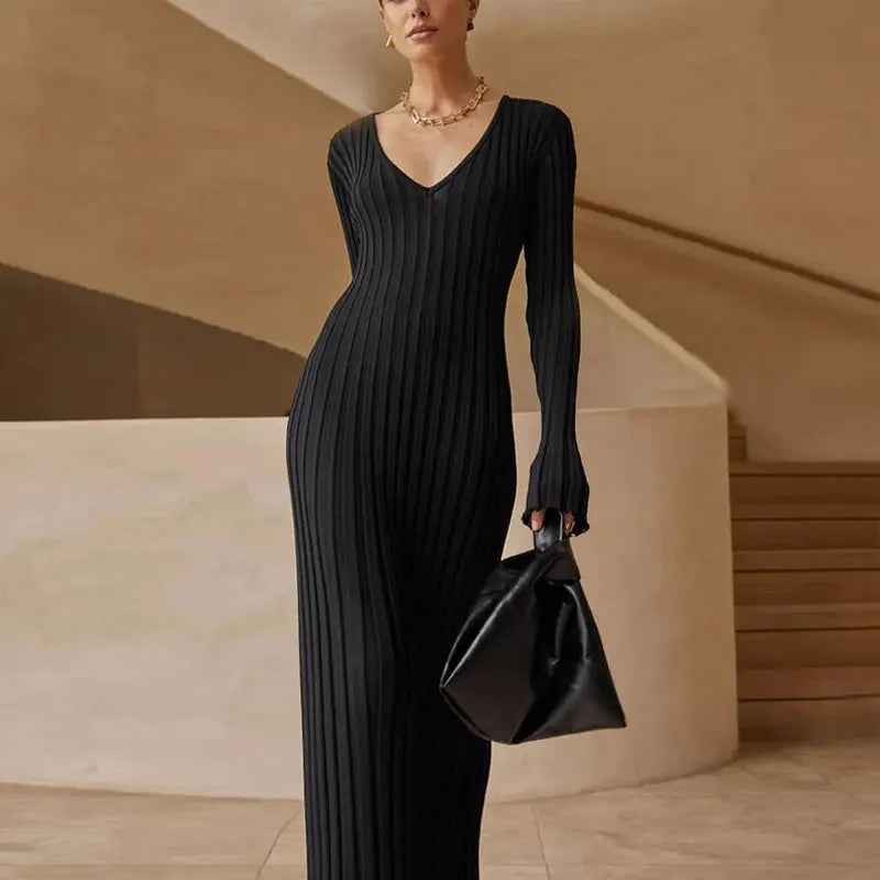 Fashion Knitted Dresses Women's Winter Elegant Pleated Dress Long Sleeve V Neck Lace-up Casual Slim White Black Street White New