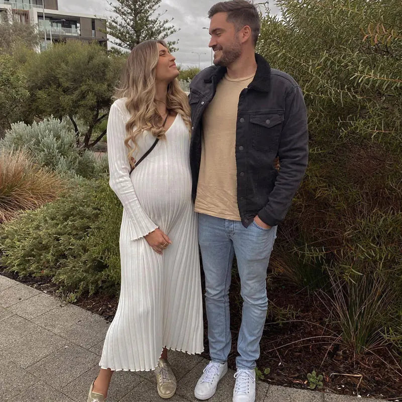 Fashion Knitted Dresses Women's Winter Elegant Pleated Dress Long Sleeve V Neck Lace-up Casual Slim White Black Street White New