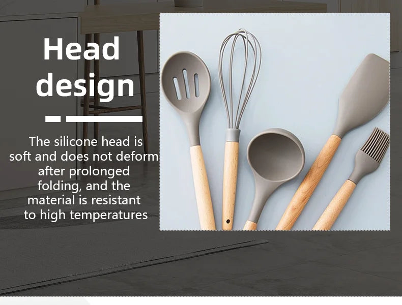 12-piece Set Wooden Handle Silicone Kitchen Utensils Silicone Kitchen Utensils Non-stick Pan Cooking Spatula Baking Storage Tool
