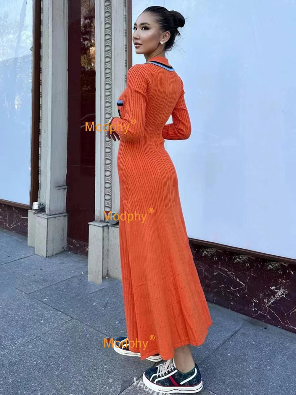 Modphy 2025 Elegant Slim Knitted Long Dress Women's Letter Single Breasted Long Sleeved Designer Vintage Dresses Autumn