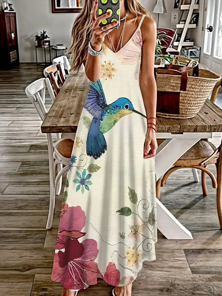Summer New Animal Fresh Print Sexy And Fashionable V-neck Suspender Dress Outdoor Travel Seaside Vacation Casual Long Dress