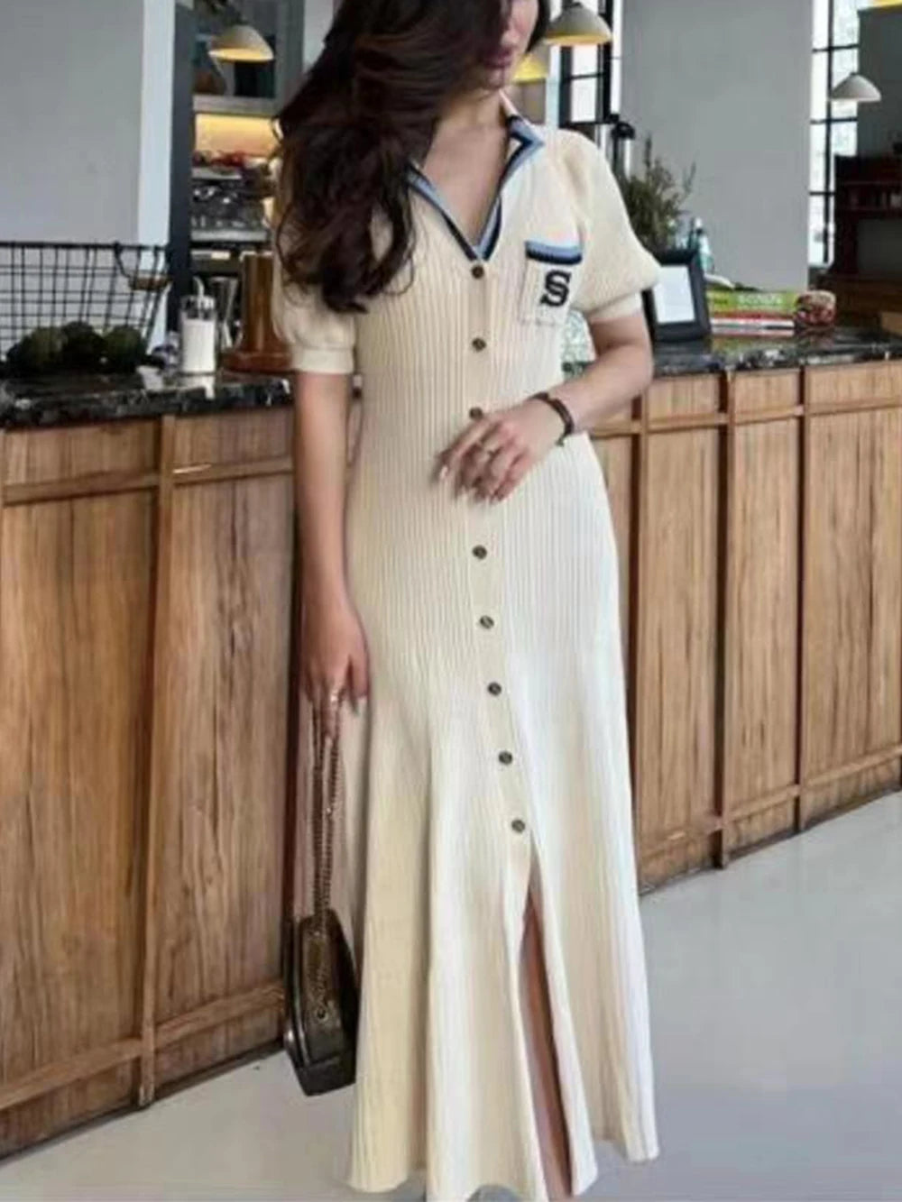Modphy 2025 Elegant Slim Knitted Long Dress Women's Letter Single Breasted Long Sleeved Designer Vintage Dresses Autumn