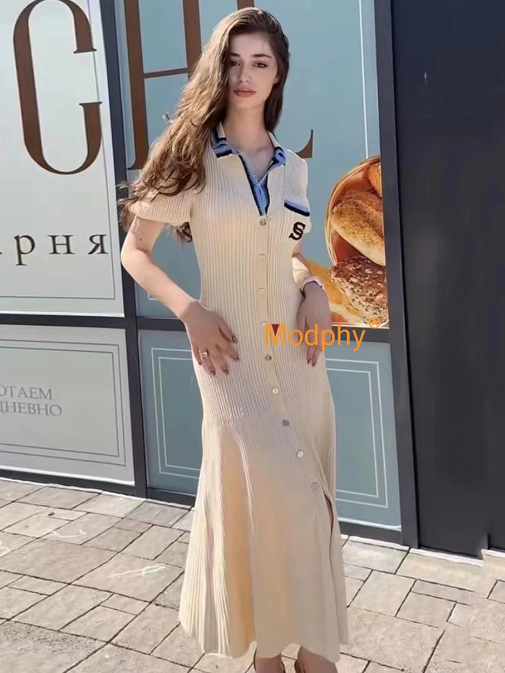 Modphy 2025 Elegant Slim Knitted Long Dress Women's Letter Single Breasted Long Sleeved Designer Vintage Dresses Autumn