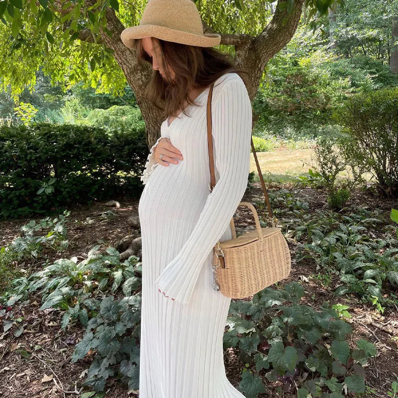Fashion Knitted Dresses Women's Winter Elegant Pleated Dress Long Sleeve V Neck Lace-up Casual Slim White Black Street White New