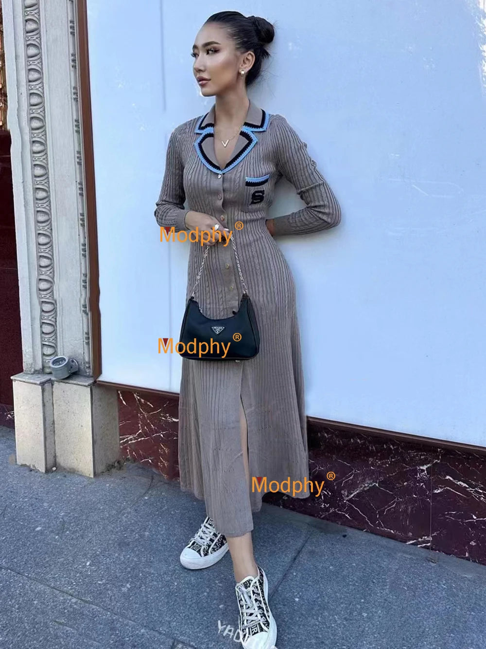 Modphy 2025 Elegant Slim Knitted Long Dress Women's Letter Single Breasted Long Sleeved Designer Vintage Dresses Autumn