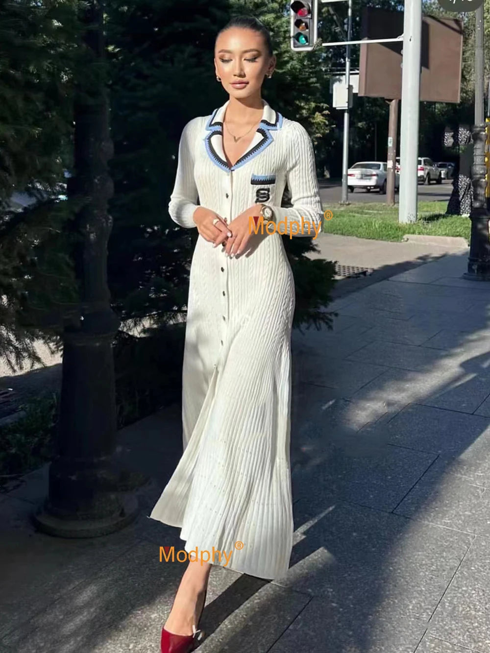 Modphy 2025 Elegant Slim Knitted Long Dress Women's Letter Single Breasted Long Sleeved Designer Vintage Dresses Autumn