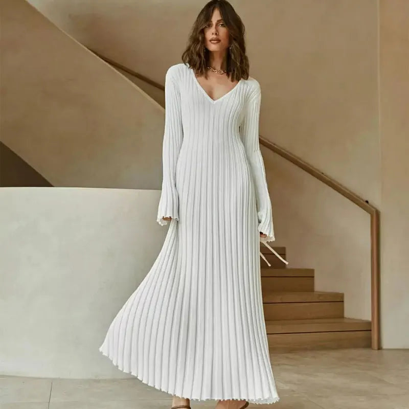 Fashion Knitted Dresses Women's Winter Elegant Pleated Dress Long Sleeve V Neck Lace-up Casual Slim White Black Street White New