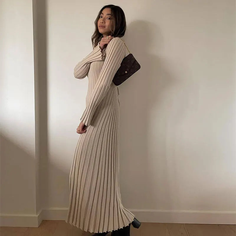 Fashion Knitted Dresses Women's Winter Elegant Pleated Dress Long Sleeve V Neck Lace-up Casual Slim White Black Street White New