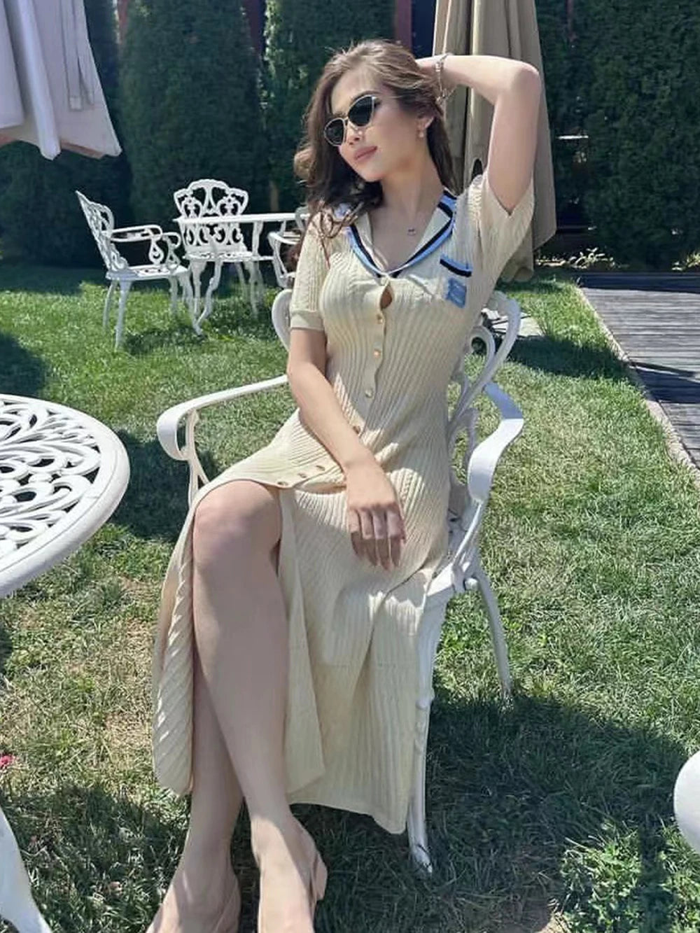 Modphy 2025 Elegant Slim Knitted Long Dress Women's Letter Single Breasted Long Sleeved Designer Vintage Dresses Autumn