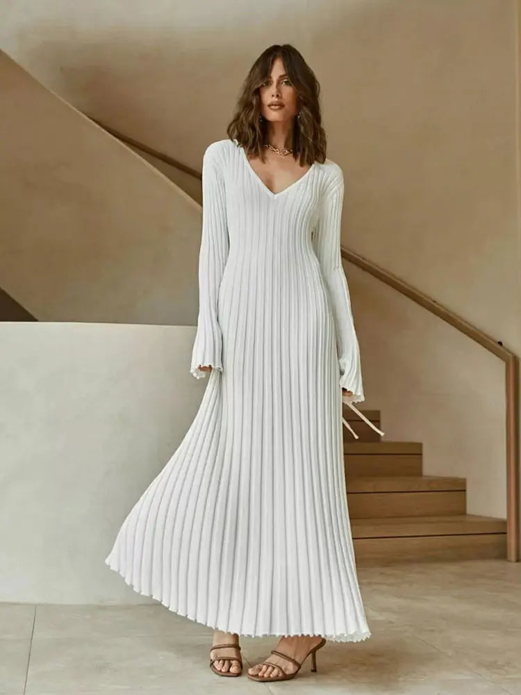 Fashion Knitted Dresses Women's Winter Elegant Pleated Dress Long Sleeve V Neck Lace-up Casual Slim White Black Street White New
