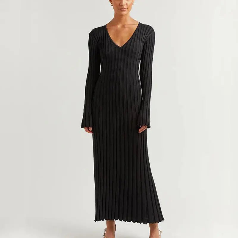 Fashion Knitted Dresses Women's Winter Elegant Pleated Dress Long Sleeve V Neck Lace-up Casual Slim White Black Street White New