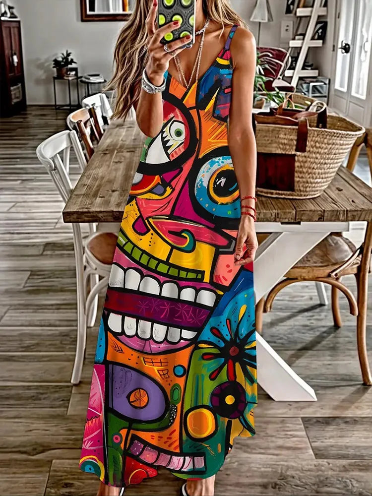 Summer New Animal Fresh Print Sexy And Fashionable V-neck Suspender Dress Outdoor Travel Seaside Vacation Casual Long Dress