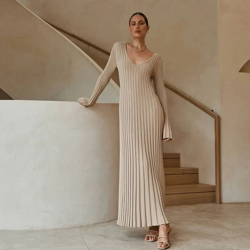 Fashion Knitted Dresses Women's Winter Elegant Pleated Dress Long Sleeve V Neck Lace-up Casual Slim White Black Street White New