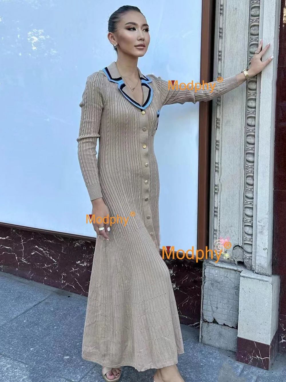 Modphy 2025 Elegant Slim Knitted Long Dress Women's Letter Single Breasted Long Sleeved Designer Vintage Dresses Autumn