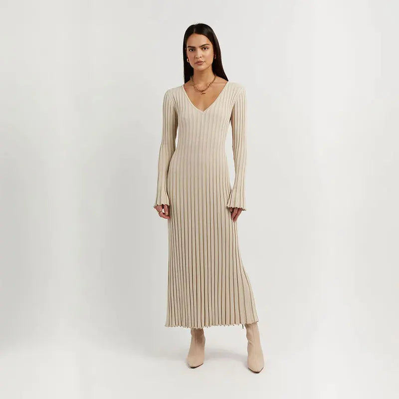 Fashion Knitted Dresses Women's Winter Elegant Pleated Dress Long Sleeve V Neck Lace-up Casual Slim White Black Street White New