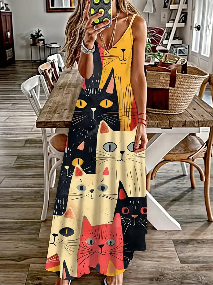 Summer New Animal Fresh Print Sexy And Fashionable V-neck Suspender Dress Outdoor Travel Seaside Vacation Casual Long Dress