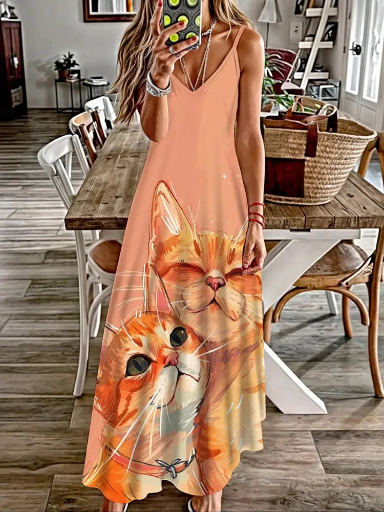 Summer New Animal Fresh Print Sexy And Fashionable V-neck Suspender Dress Outdoor Travel Seaside Vacation Casual Long Dress