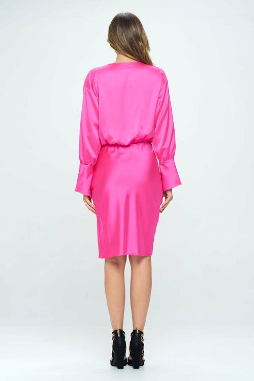 Stretch Satin Cowlneck Dress w/ Asymmetrical Hem