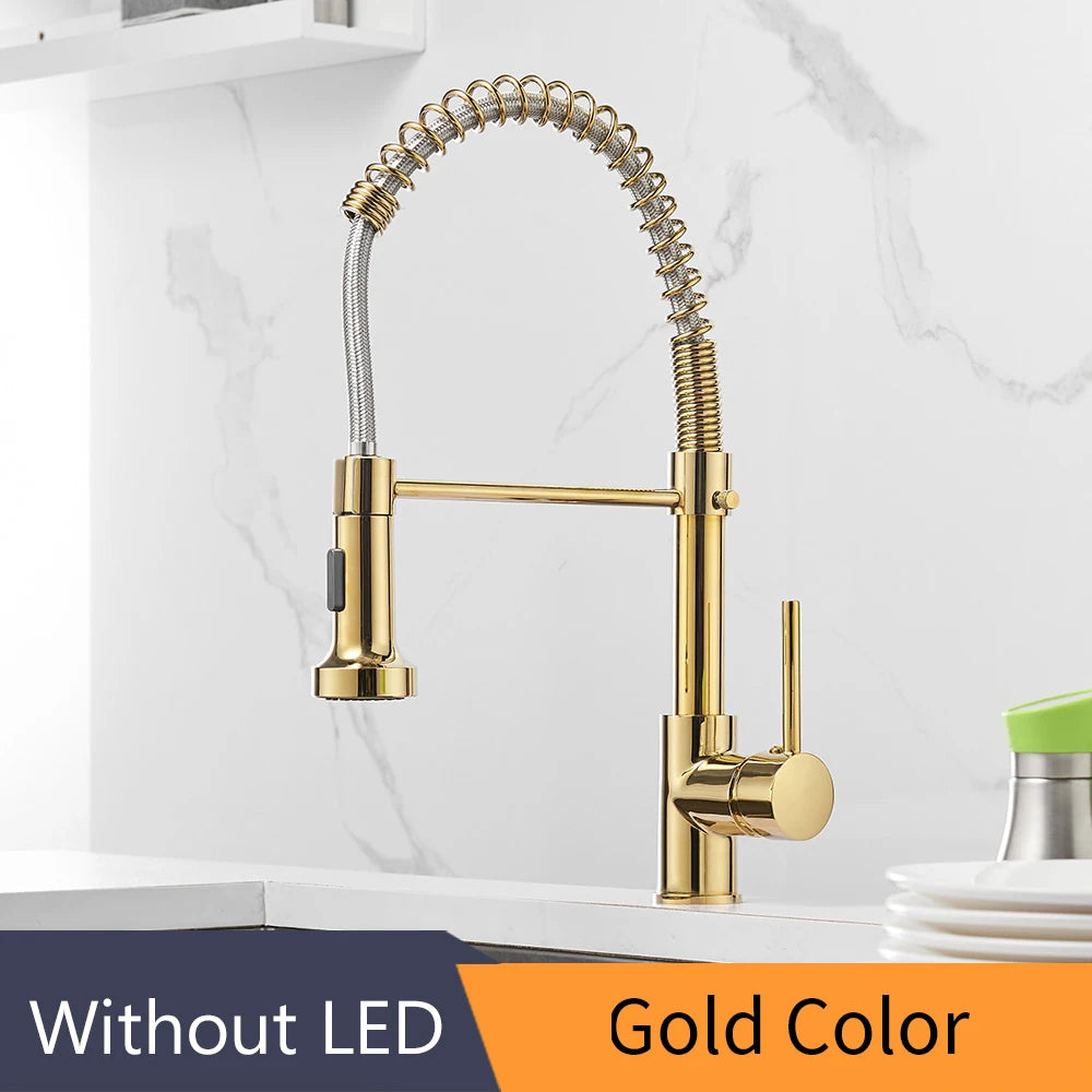 Kitchen Faucets Brush Brass Faucets for Kitchen Sink Single Lever Pull Down Spring Spout Mixers Tap Hot Cold Water Crane 9009