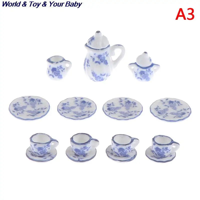 15Pcs 1:12 Miniature Porcelain Tea Cup Set Chintz Flower Tableware Kitchen Dollhouse Furniture Toys For Children
