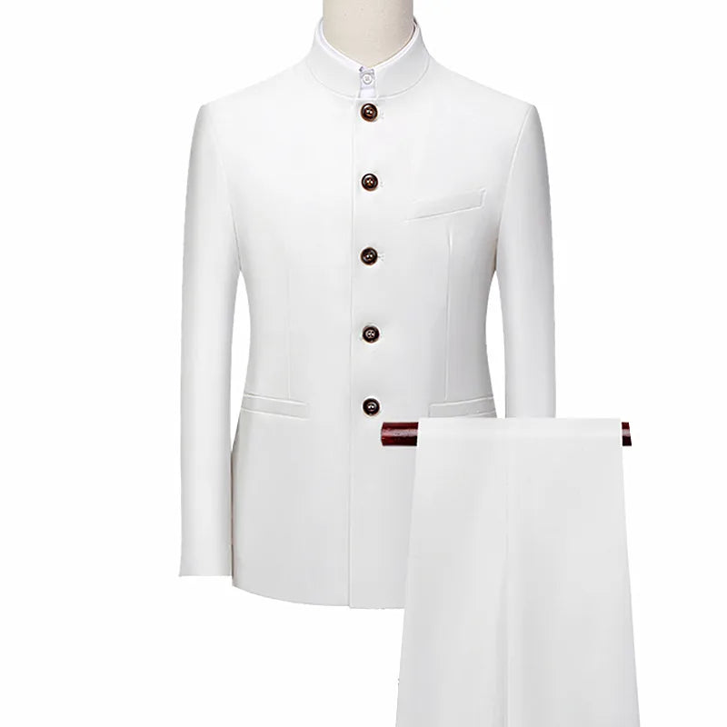 White Men's Stand Collar Chinese Style Slim Fit Two Piece Suit Set / Men Zhong Shan Blazer Jacket Coat Pants Trousers 2 Pcs 7XL