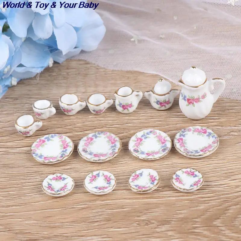 15Pcs 1:12 Miniature Porcelain Tea Cup Set Chintz Flower Tableware Kitchen Dollhouse Furniture Toys For Children