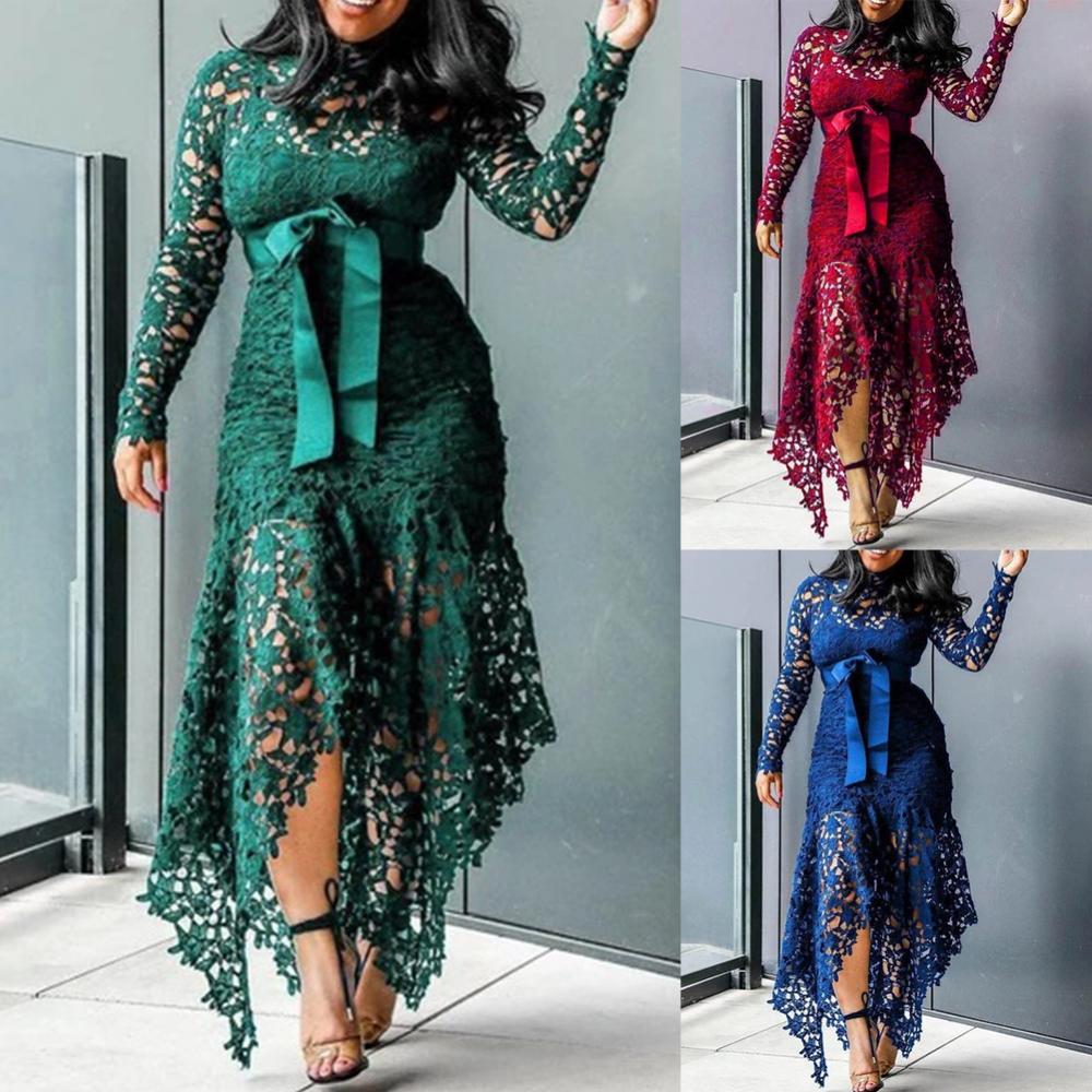 70% Hot Sell Women Long Sleeve Bow Belted Irregular Hem Hollow Lace Sexy Bodycon Long Dress