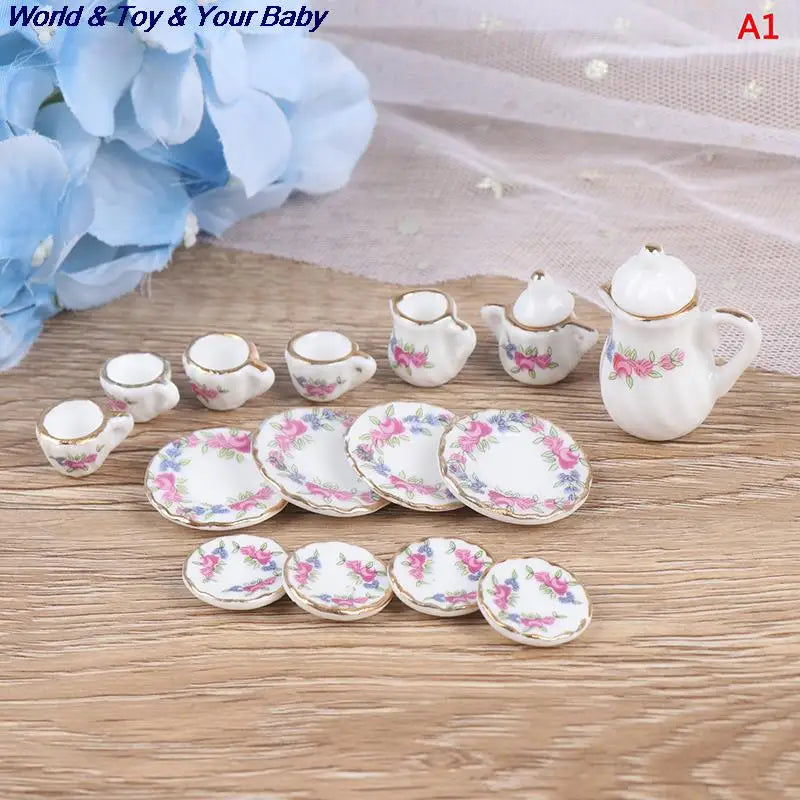 15Pcs 1:12 Miniature Porcelain Tea Cup Set Chintz Flower Tableware Kitchen Dollhouse Furniture Toys For Children