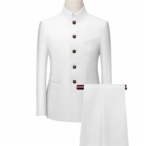White Men's Stand Collar Chinese Style Slim Fit Two Piece Suit Set / Men Zhong Shan Blazer Jacket Coat Pants Trousers 2 Pcs 7XL