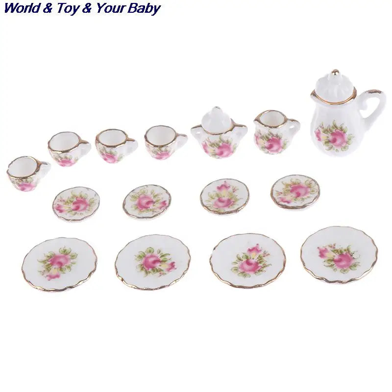 15Pcs 1:12 Miniature Porcelain Tea Cup Set Chintz Flower Tableware Kitchen Dollhouse Furniture Toys For Children