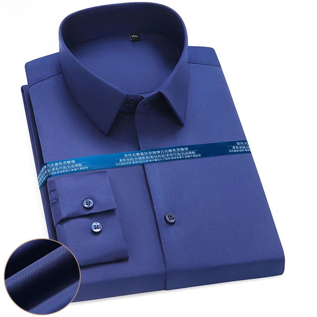 Men's Silk Touch Long Sleeve Non-iron Dress Shirt Without Pocket Stretchy Silky Regular Fit Wrinkle Free Business Casual Shirts