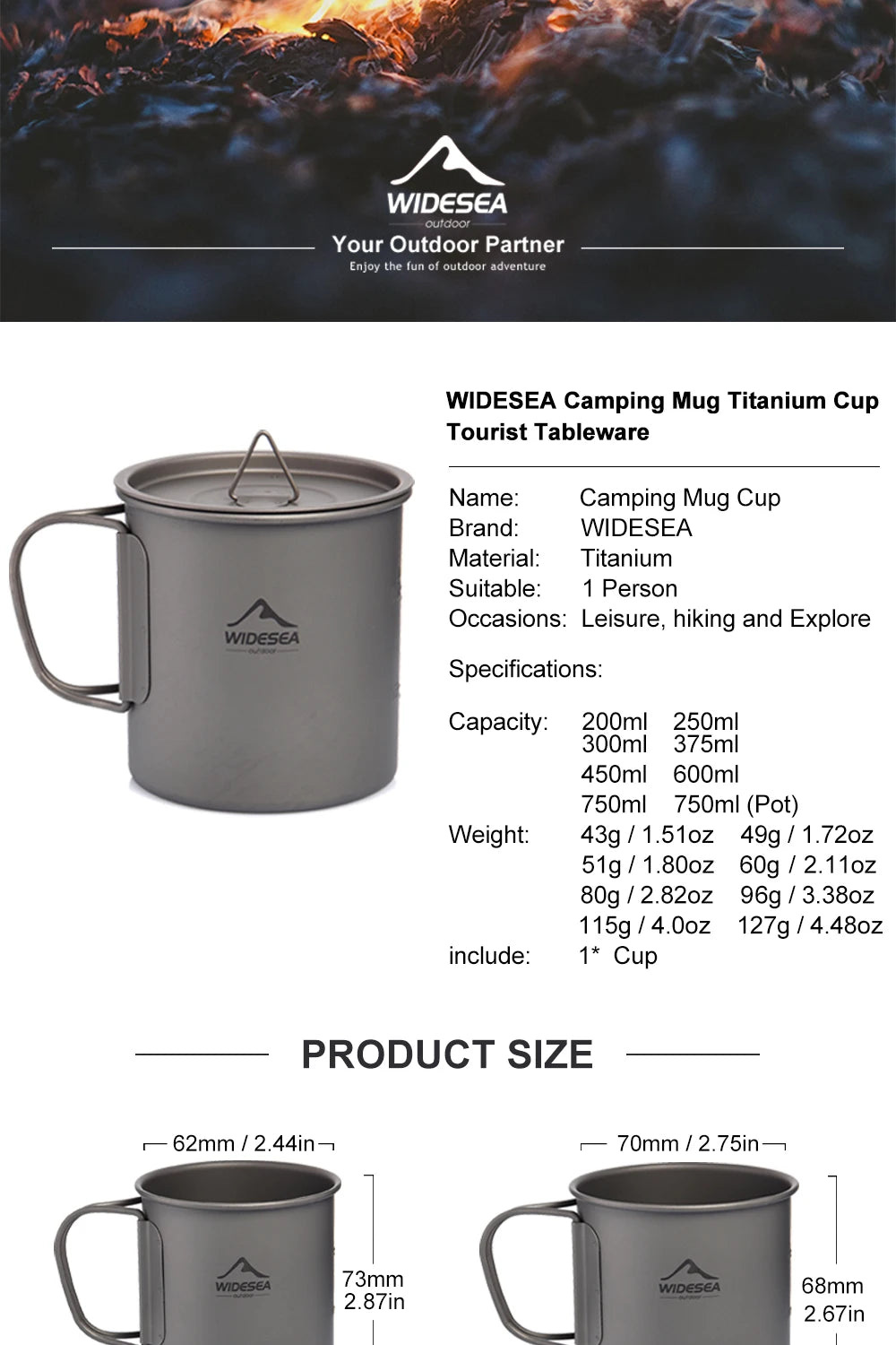 Widesea Camping Mug Titanium Cup Tourist Tableware Picnic Utensils Outdoor Kitchen Equipment Travel Cooking set Cookware Hiking