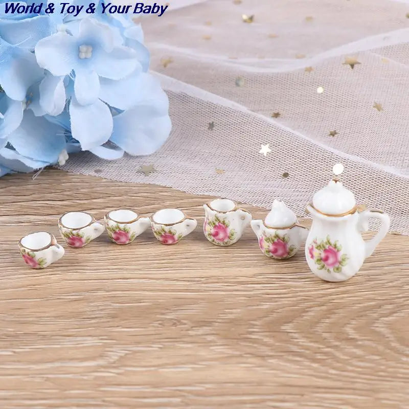 15Pcs 1:12 Miniature Porcelain Tea Cup Set Chintz Flower Tableware Kitchen Dollhouse Furniture Toys For Children