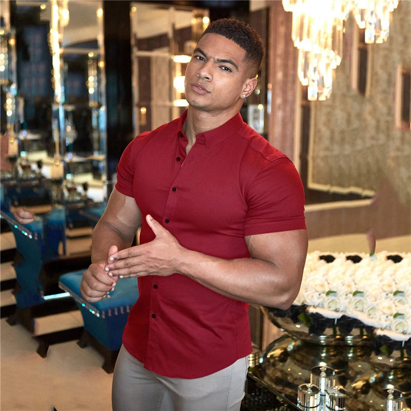 Summer Fashion Man Short Sleeve Shirt Solid Fitness Mens Turn-down Collar Super Slim Fit Business Dress Shirt Button Gym Tops