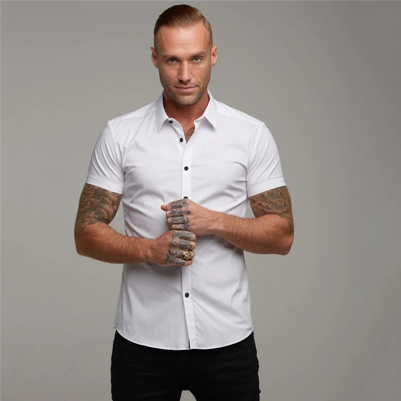 Summer Fashion Man Short Sleeve Shirt Solid Fitness Mens Turn-down Collar Super Slim Fit Business Dress Shirt Button Gym Tops