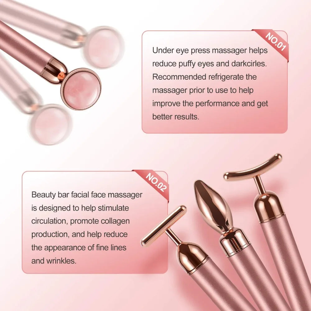 5-in-1 24K Gold Beauty Wand Face Massager Electric Vibrating Rose Quartz 3D Roller Face Lifting Body Facial Gua Sha Jade Roller