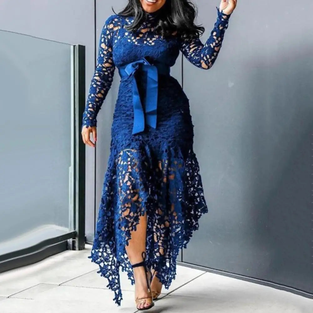 70% Hot Sell Women Long Sleeve Bow Belted Irregular Hem Hollow Lace Sexy Bodycon Long Dress