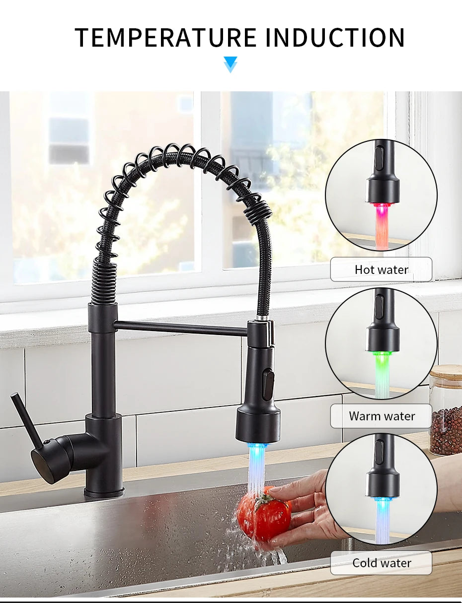 Kitchen Faucets Brush Brass Faucets for Kitchen Sink Single Lever Pull Down Spring Spout Mixers Tap Hot Cold Water Crane 9009